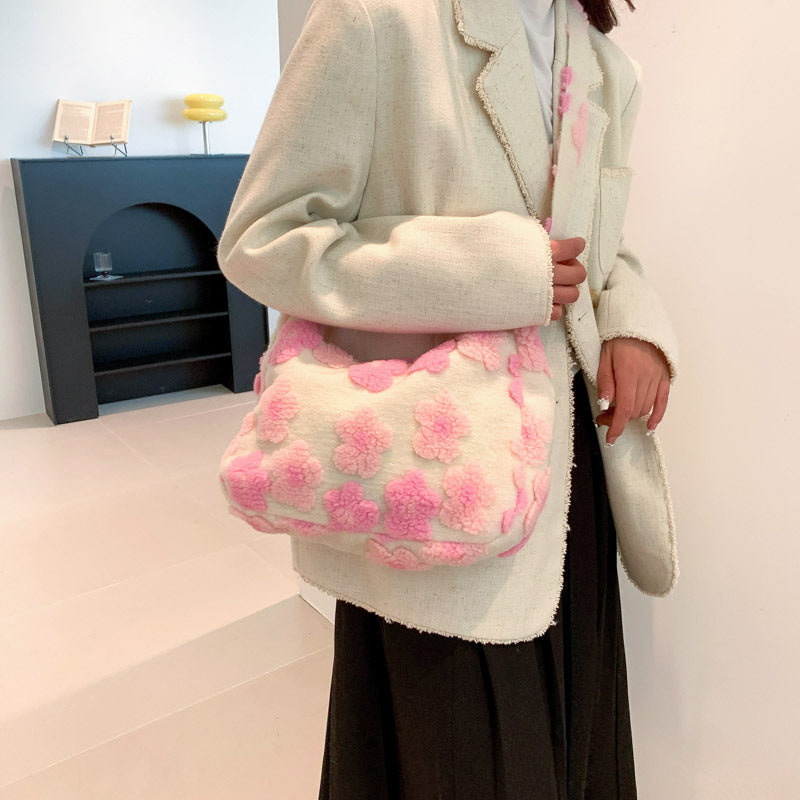 Large Capacity Plush Bag 2024 New Trendy Casual Versatile Flower Plush Single Shoulder Crossbody Women's Bag Cross-Border