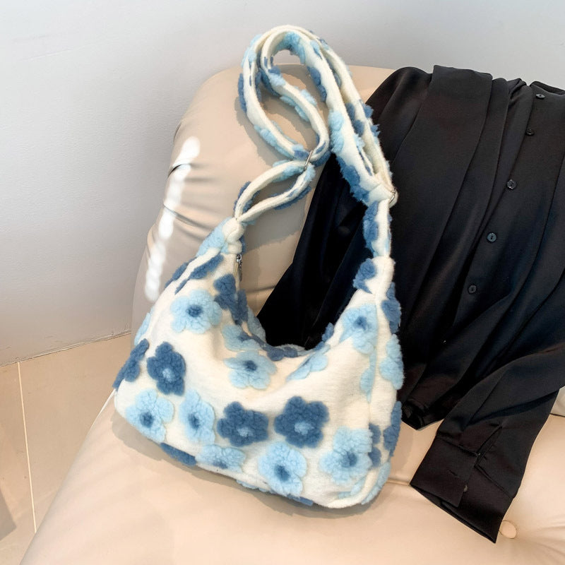Large Capacity Plush Bag 2024 New Trendy Casual Versatile Flower Plush Single Shoulder Crossbody Women's Bag Cross-Border