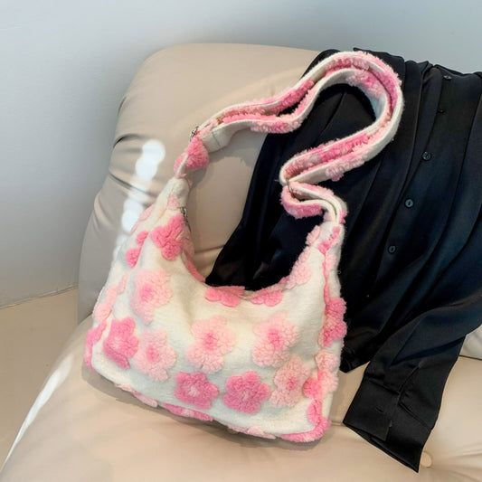 Large Capacity Plush Bag 2024 New Trendy Casual Versatile Flower Plush Single Shoulder Crossbody Women's Bag Cross-Border