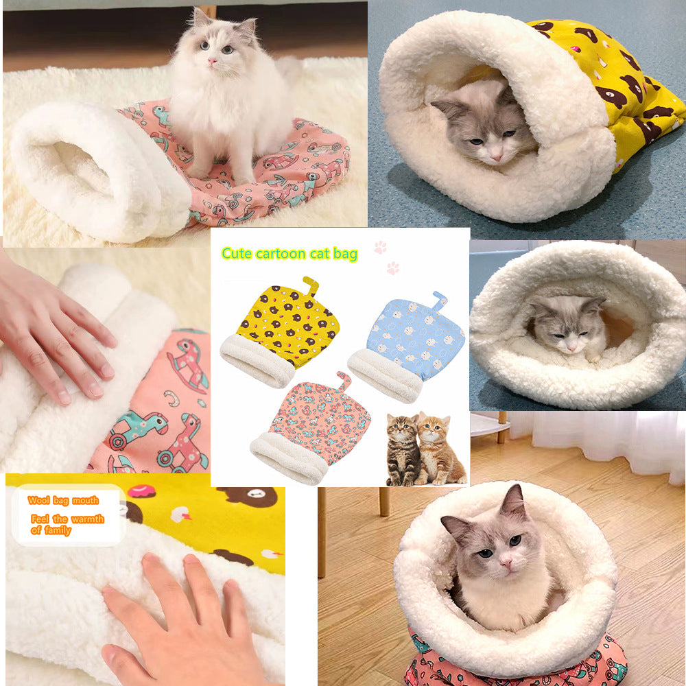 Cat bed sleeping bag drill hole bed closed kitten bed small dog bed sense of security autumn and winter sleeping bed drill bed lamb fleece