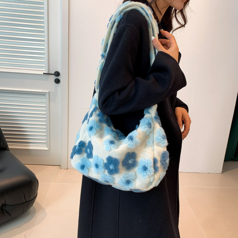 Large Capacity Plush Bag 2024 New Trendy Casual Versatile Flower Plush Single Shoulder Crossbody Women's Bag Cross-Border