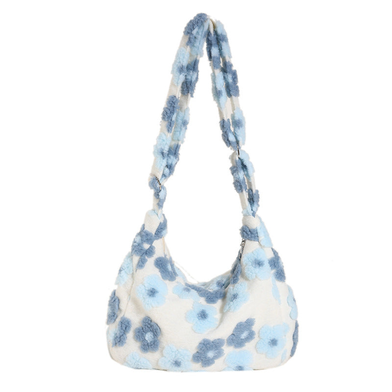 Large Capacity Plush Bag 2024 New Trendy Casual Versatile Flower Plush Single Shoulder Crossbody Women's Bag Cross-Border