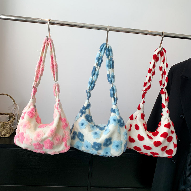 Large Capacity Plush Bag 2024 New Trendy Casual Versatile Flower Plush Single Shoulder Crossbody Women's Bag Cross-Border