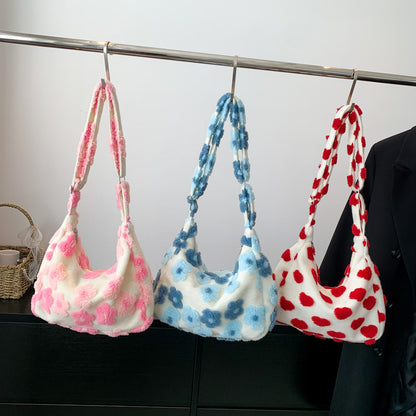 Large Capacity Plush Bag 2024 New Trendy Casual Versatile Flower Plush Single Shoulder Crossbody Women's Bag Cross-Border