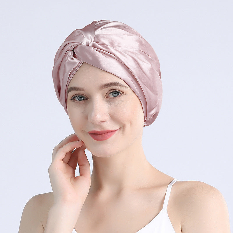 Source factory wholesale American and Japanese silk nightcap double layer 100 mulberry silk cross hat hair care hat, large quantity preferential