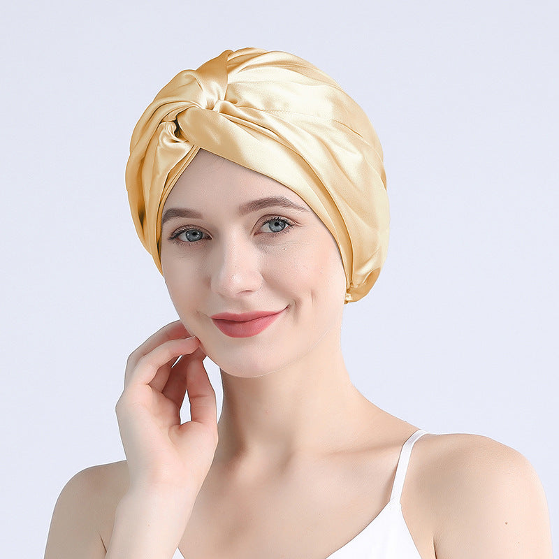 Source factory wholesale American and Japanese silk nightcap double layer 100 mulberry silk cross hat hair care hat, large quantity preferential