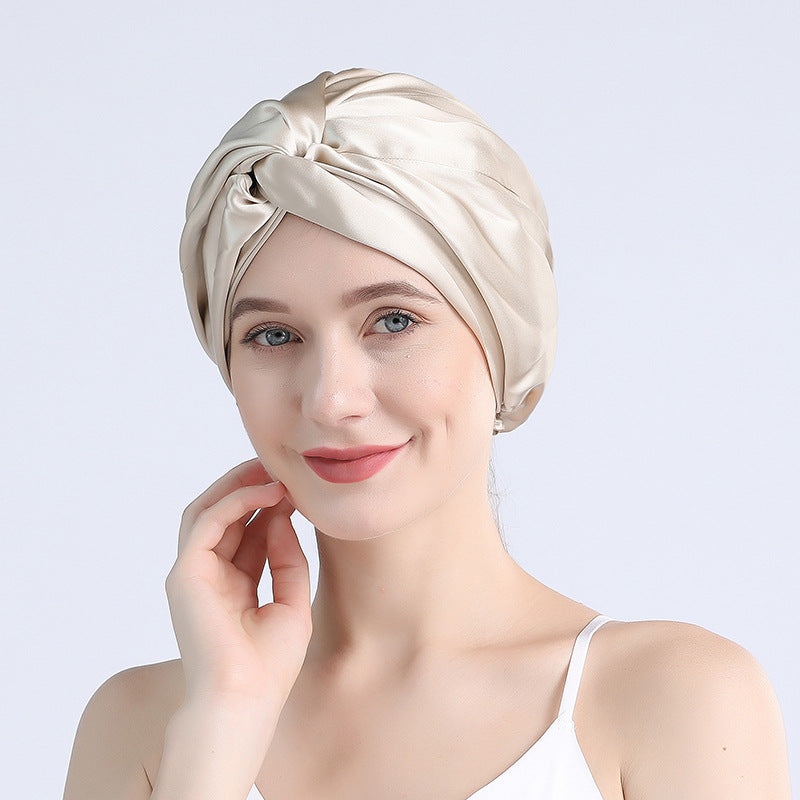 Source factory wholesale American and Japanese silk nightcap double layer 100 mulberry silk cross hat hair care hat, large quantity preferential